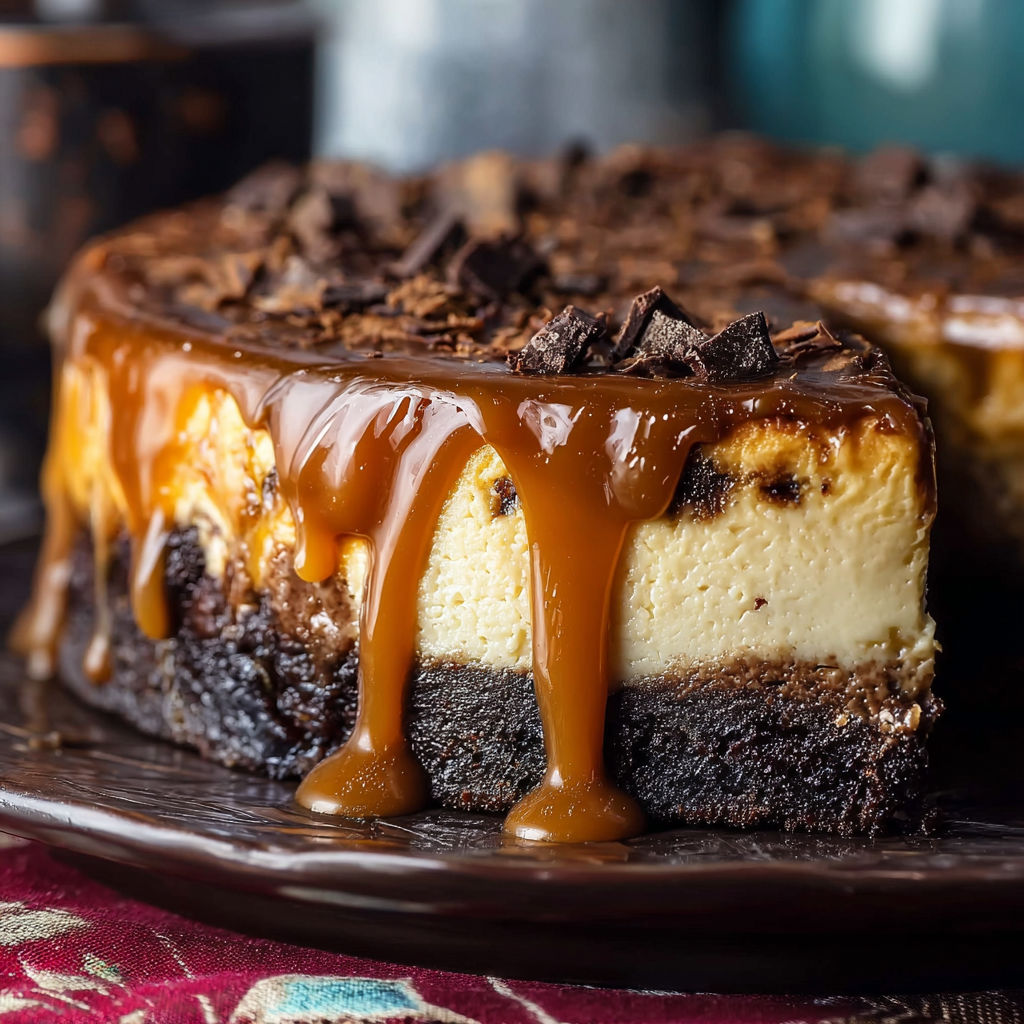 A slice of chocolate cake with caramel drizzle on a plate.
