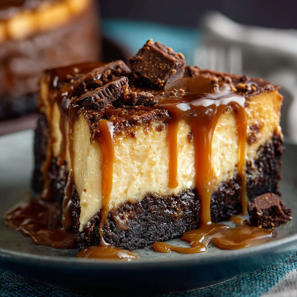 A slice of chocolate cheesecake with caramel drizzle on a plate.