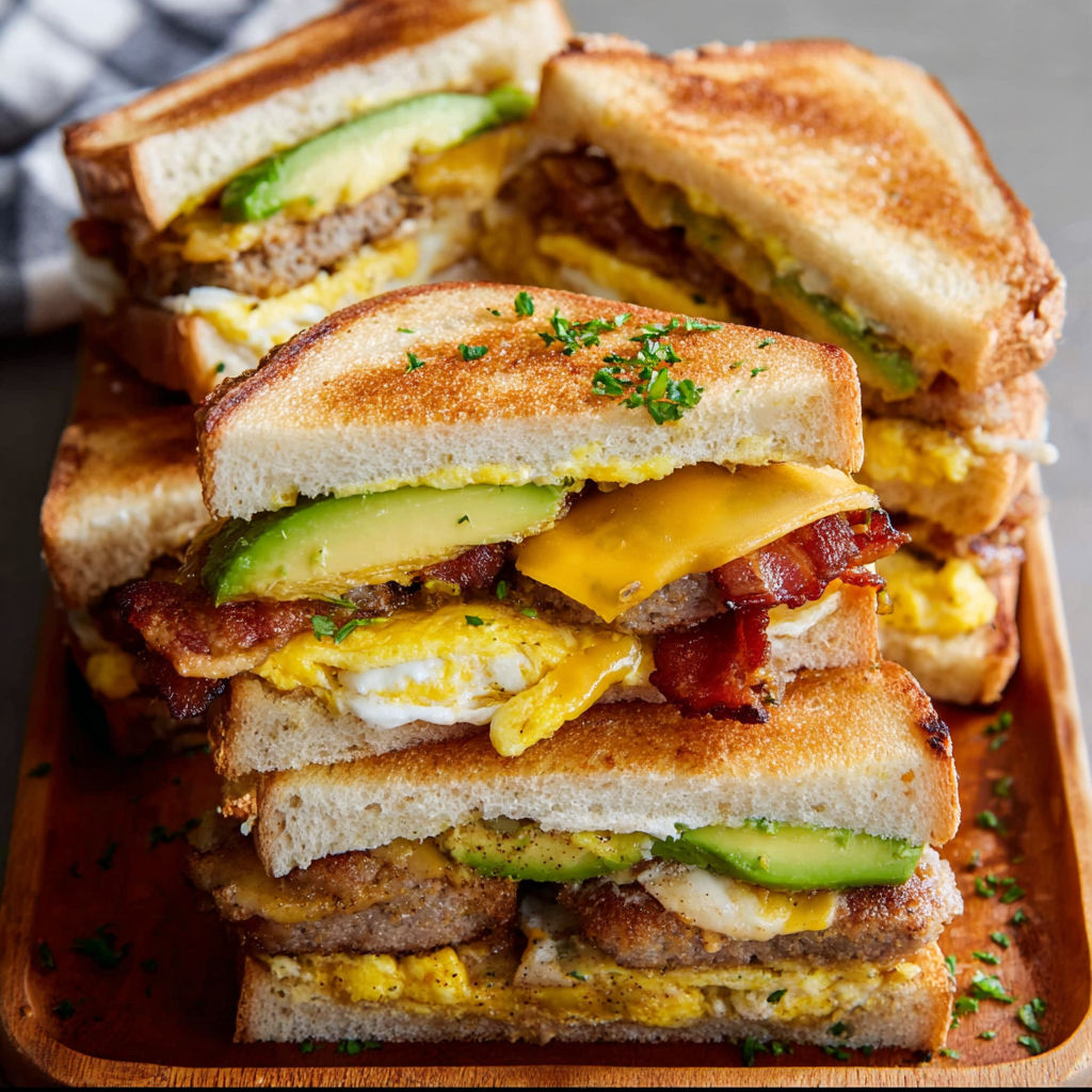A stack of sandwiches with various ingredients, including bacon, cheese, and avocado, is displayed on a wooden cutting board.