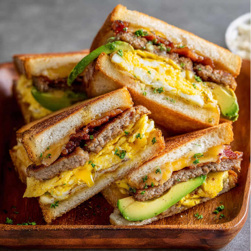 A delicious sandwich with bacon, egg, and avocado is displayed on a wooden tray.