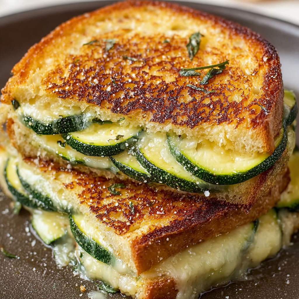 A delicious garlic butter zucchini melt sandwich is served on a plate.