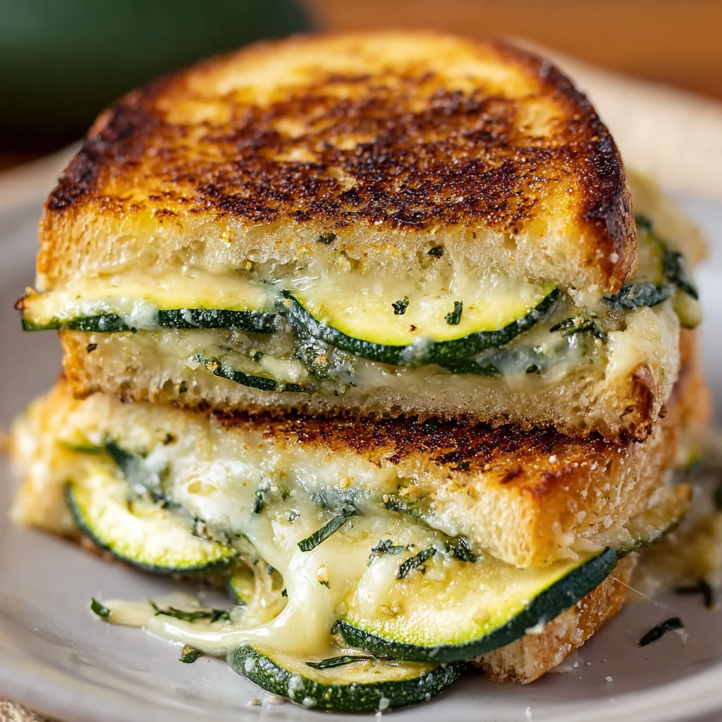 A delicious garlic butter zucchini melt sandwich is cut in half and placed on a plate.