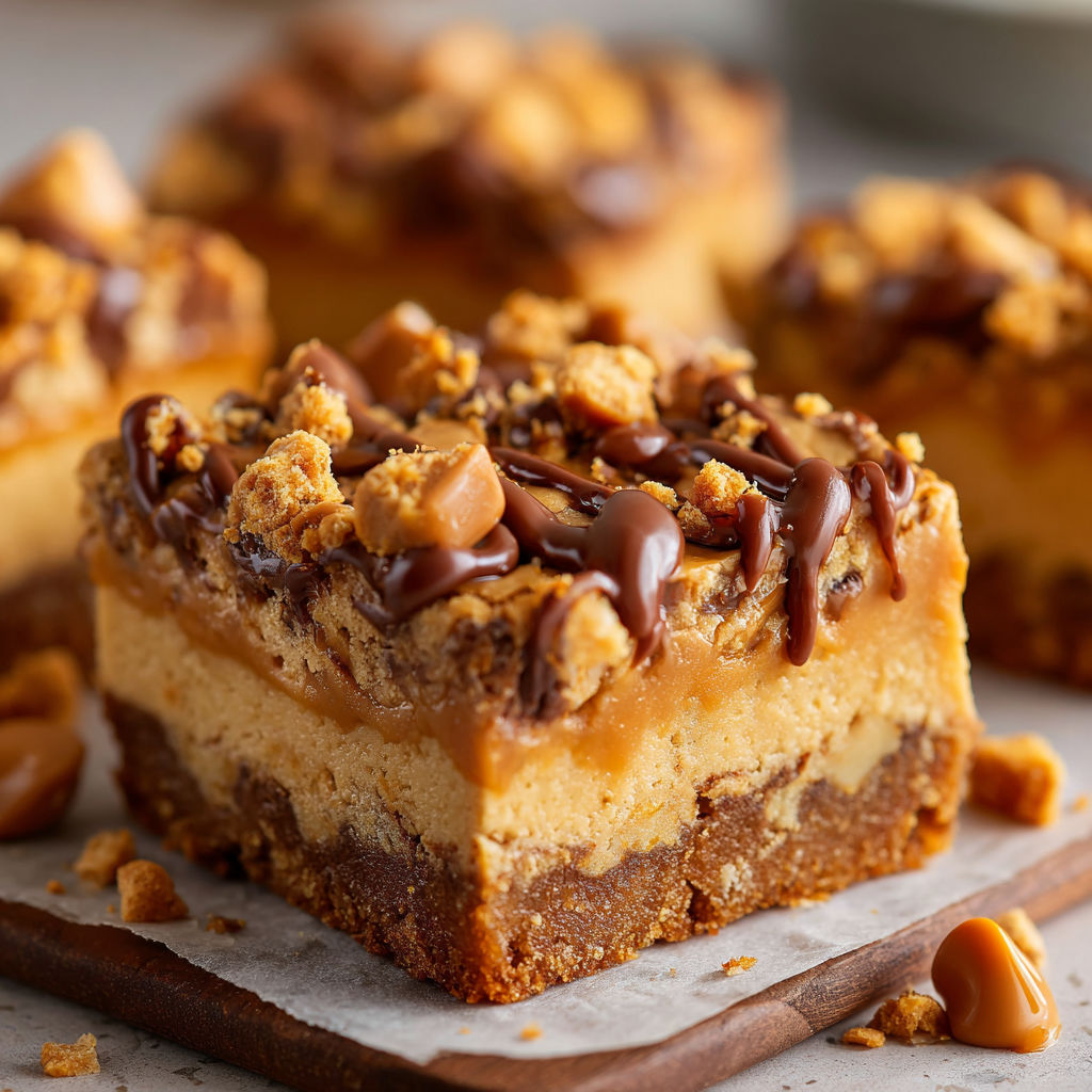 A slice of Peanut Butter Cheesecake with chocolate drizzle on a wooden cutting board.