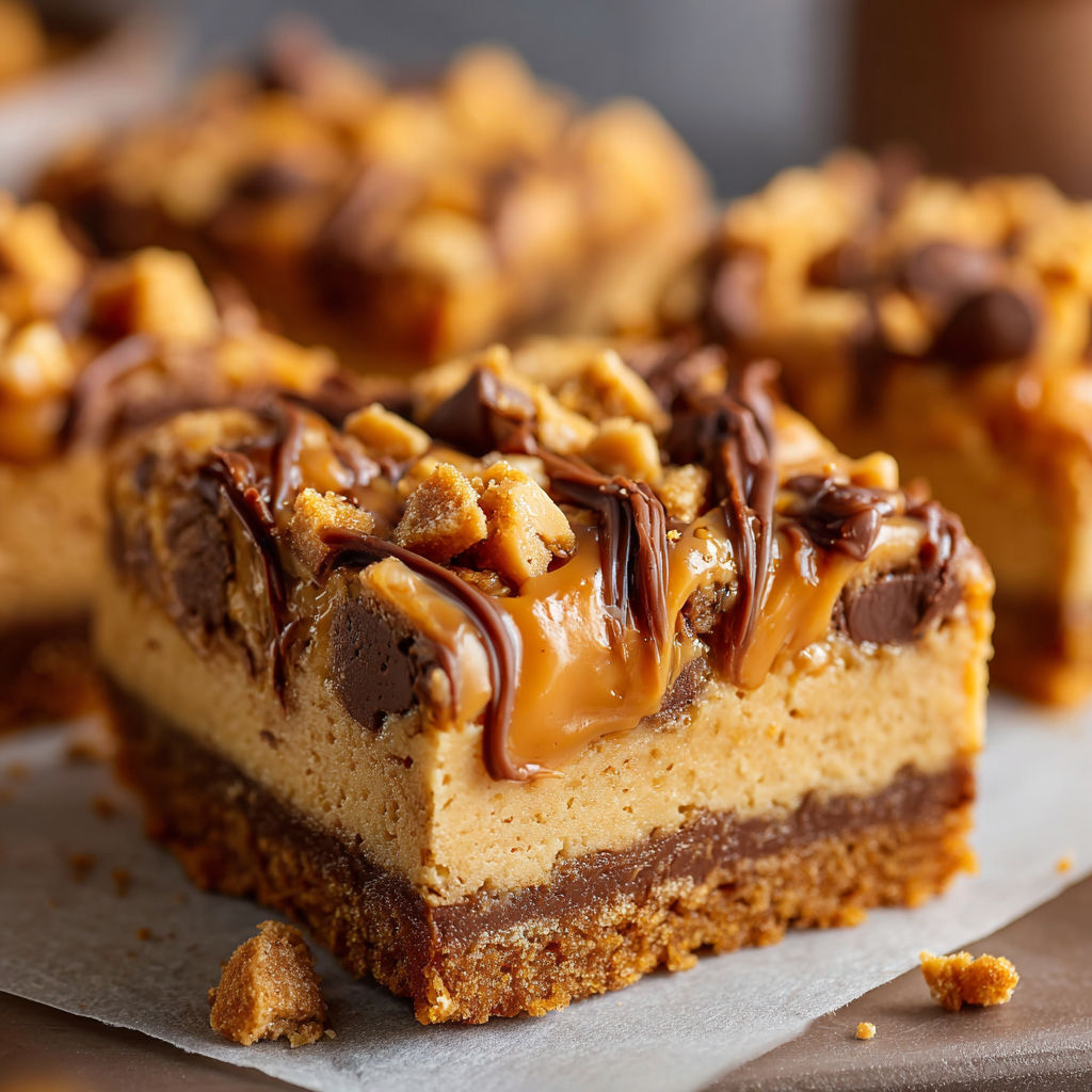 A slice of chocolate and caramel peanut butter cake on a plate.