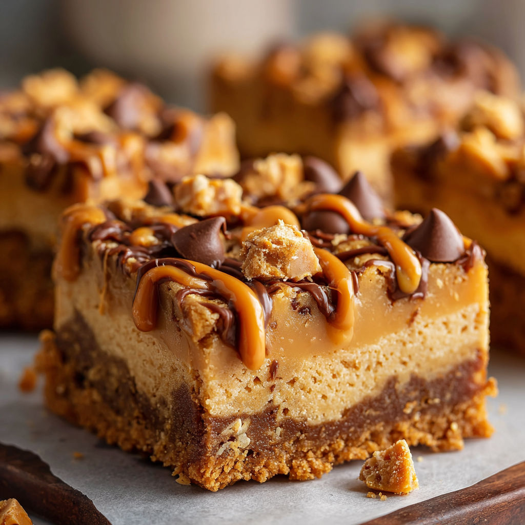 A slice of chocolate peanut butter fudge cake with caramel drizzle.