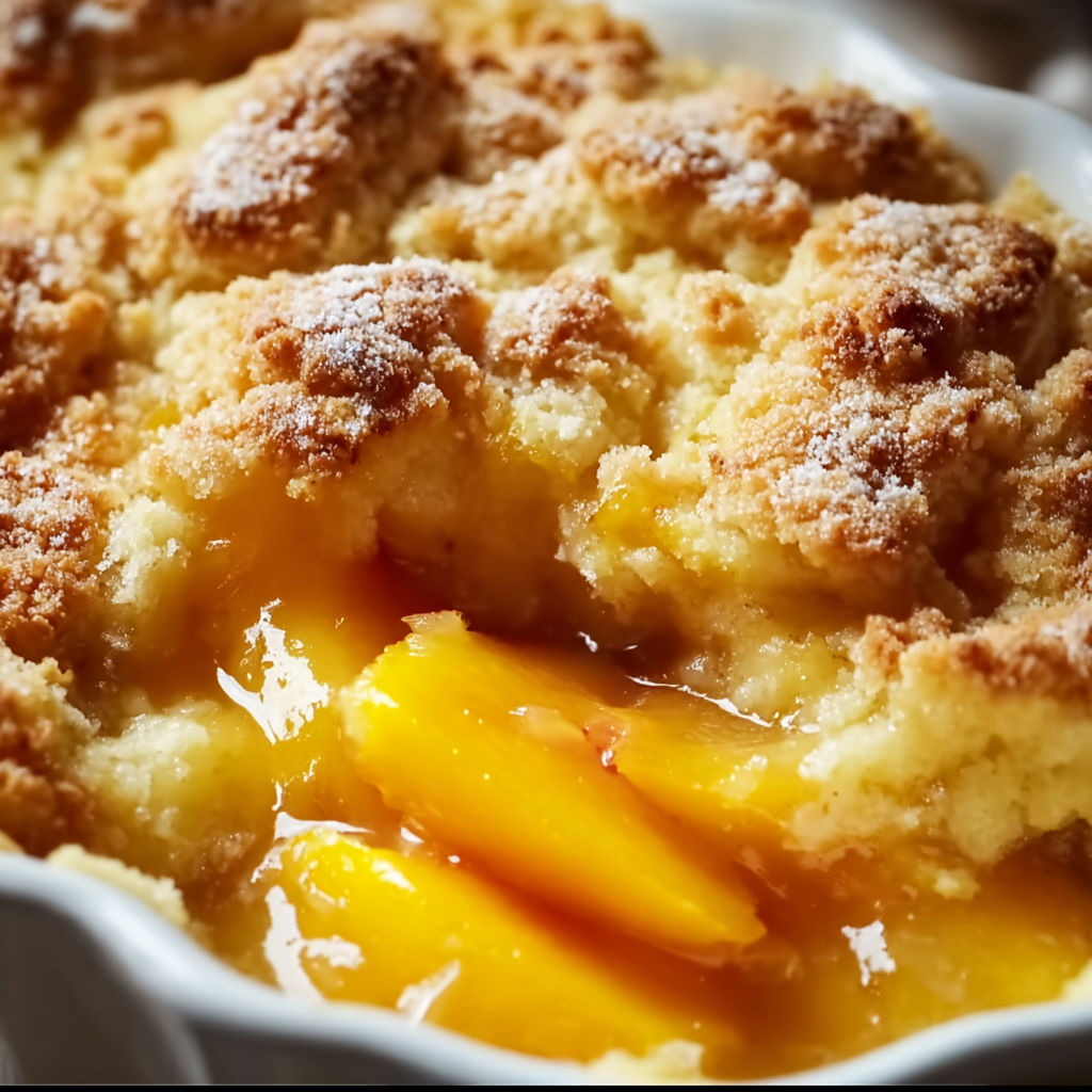 A white bowl filled with a delicious dessert, possibly a peach cobbler, with a spoon in it.