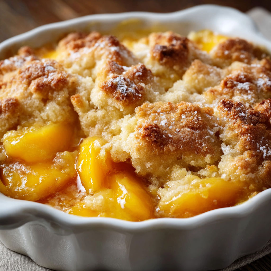 A white bowl filled with a delicious dessert, possibly a peach cobbler, is placed on a wooden table.
