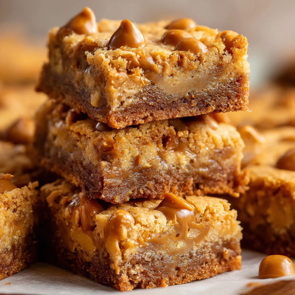 A stack of brownies with caramel drizzle, topped with nuts.