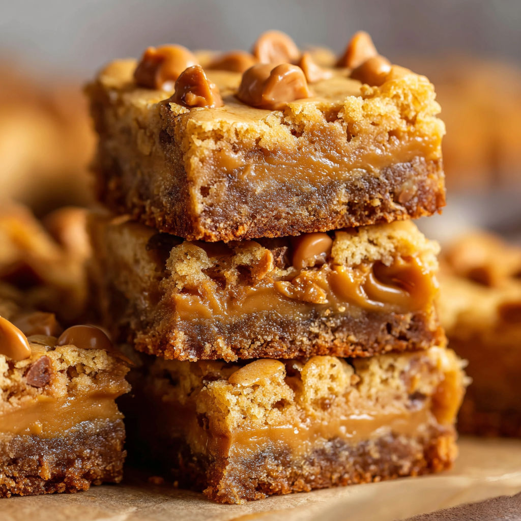 A stack of brownies with caramel drizzled on top.