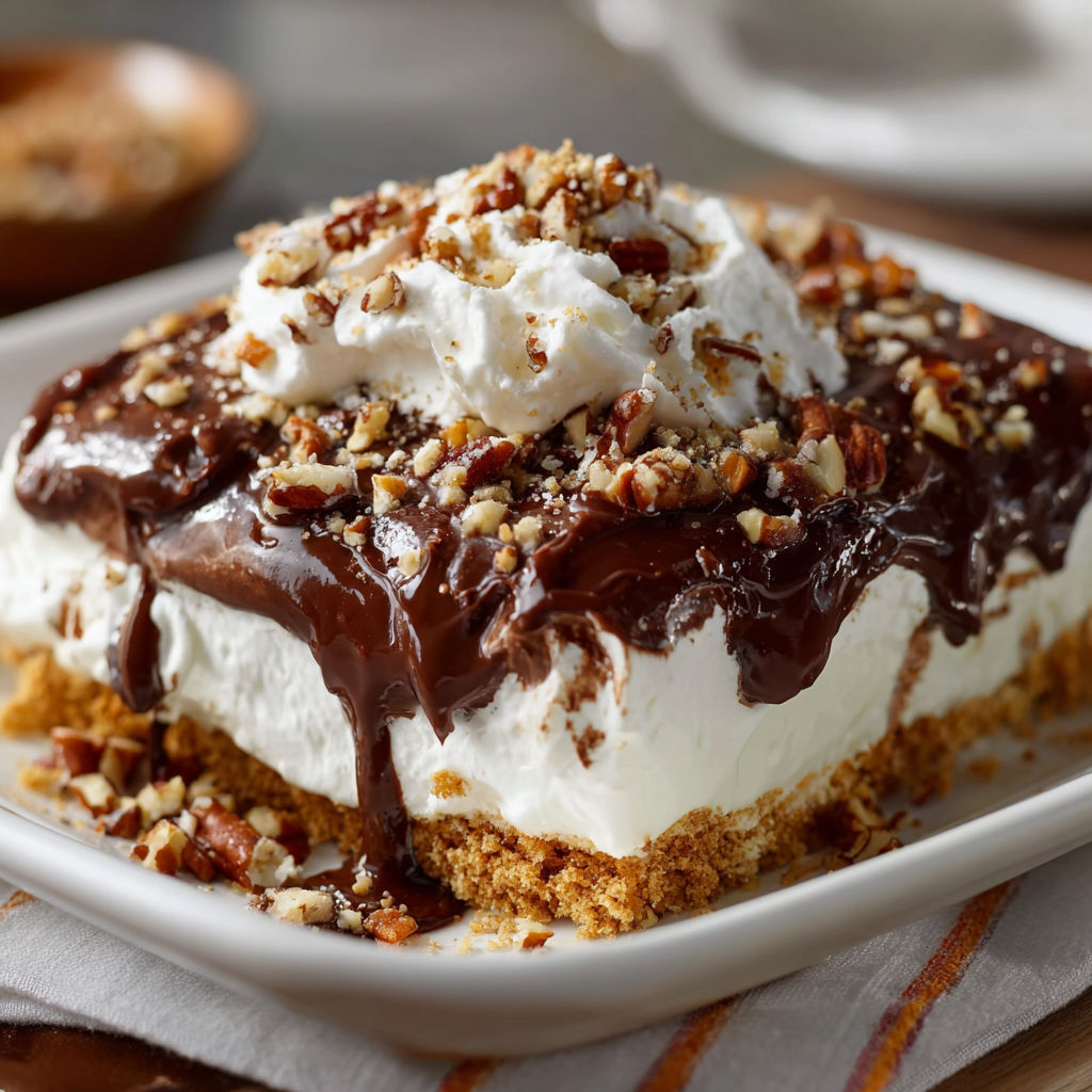 A delicious dessert with a chocolate sauce and walnuts on top, served on a white plate.