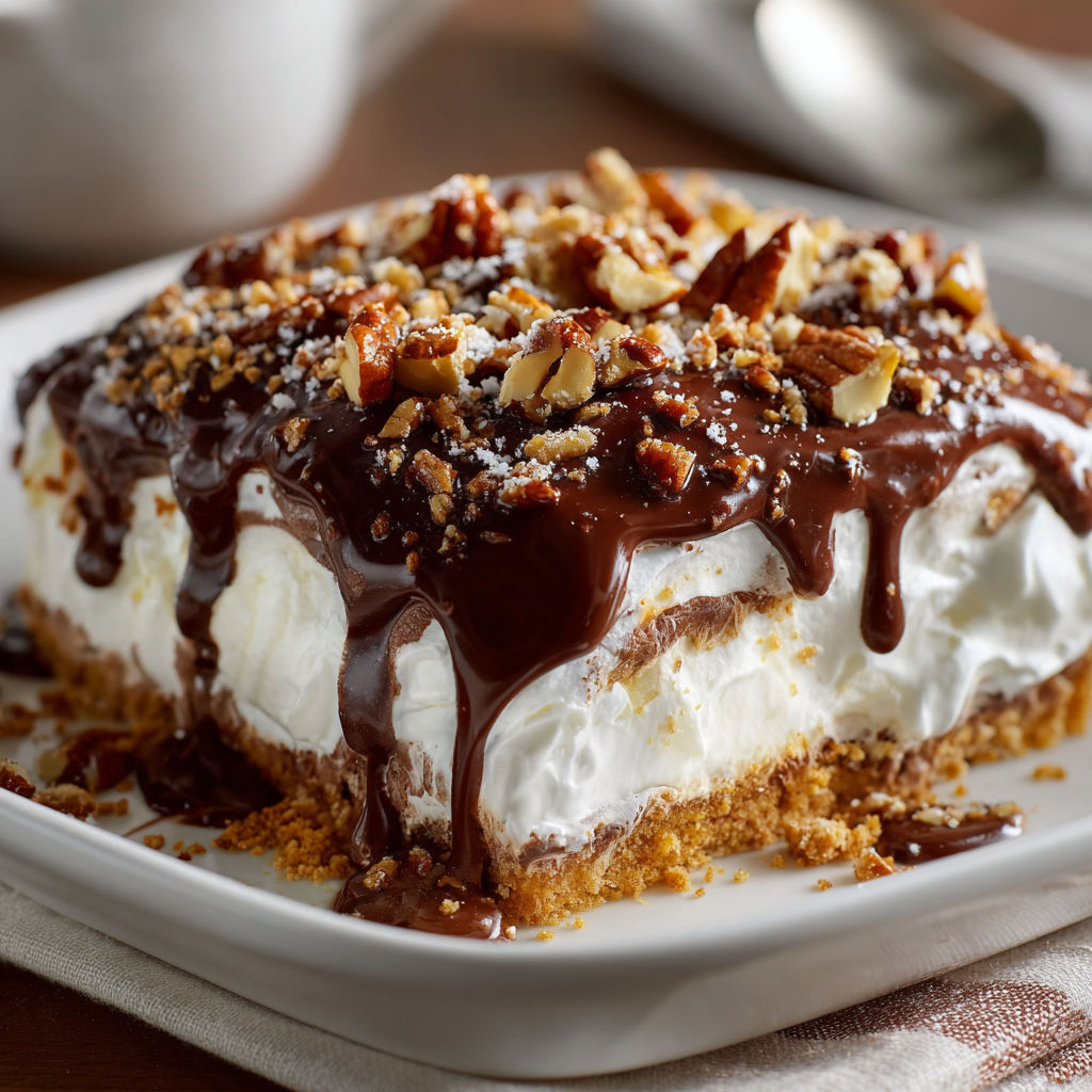 A delicious dessert with chocolate and nuts on top, served on a white plate.