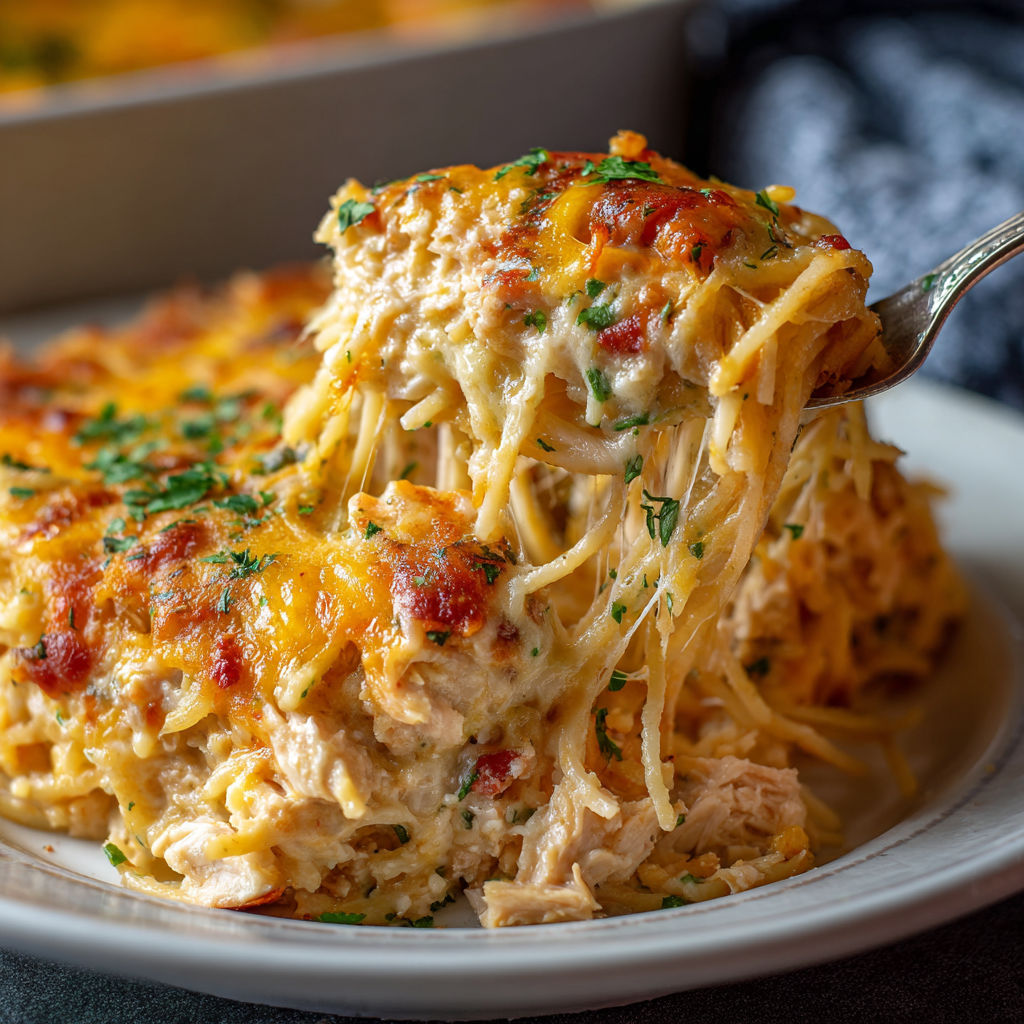 A plate of food with a fork in it, the food appears to be a casserole dish.
