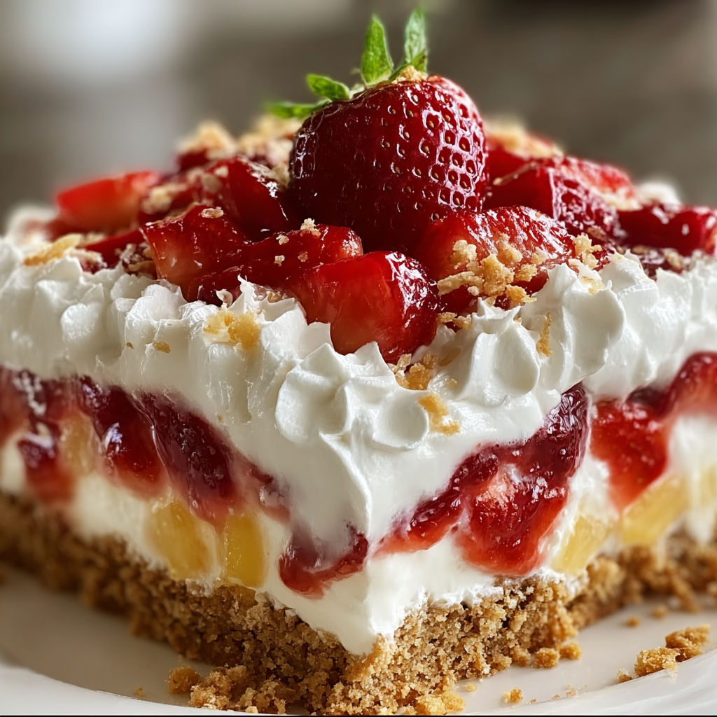 A slice of a tropical no-bake strawberry split cake with white whipped cream and strawberries on top.