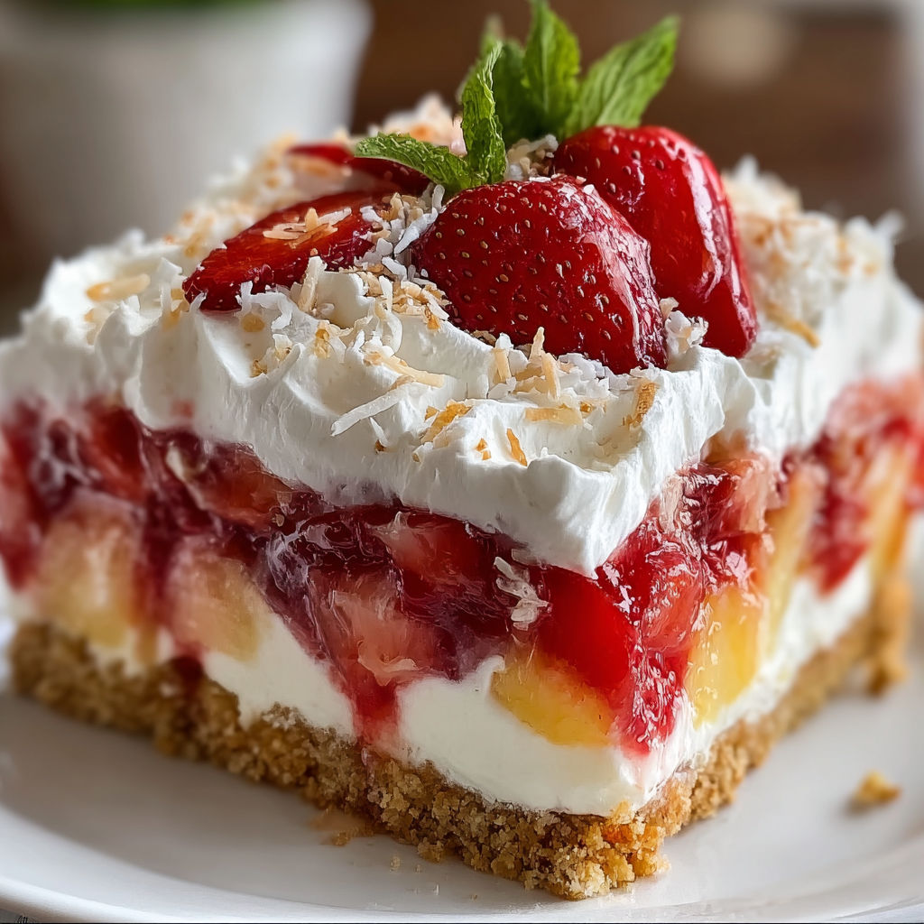 A slice of a tropical no-bake strawberry split cake with white whipped cream and strawberries.