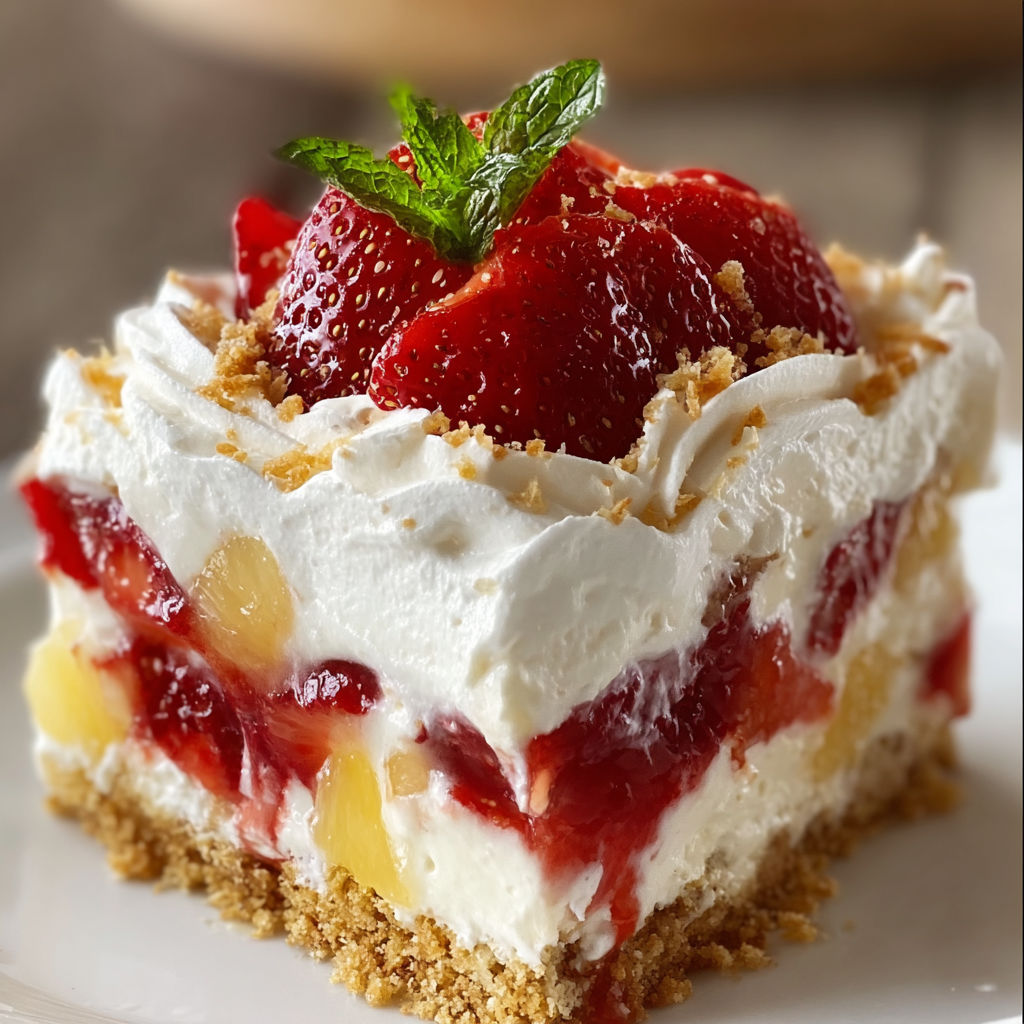 A slice of a tropical no-bake strawberry split cake with a strawberry on top.