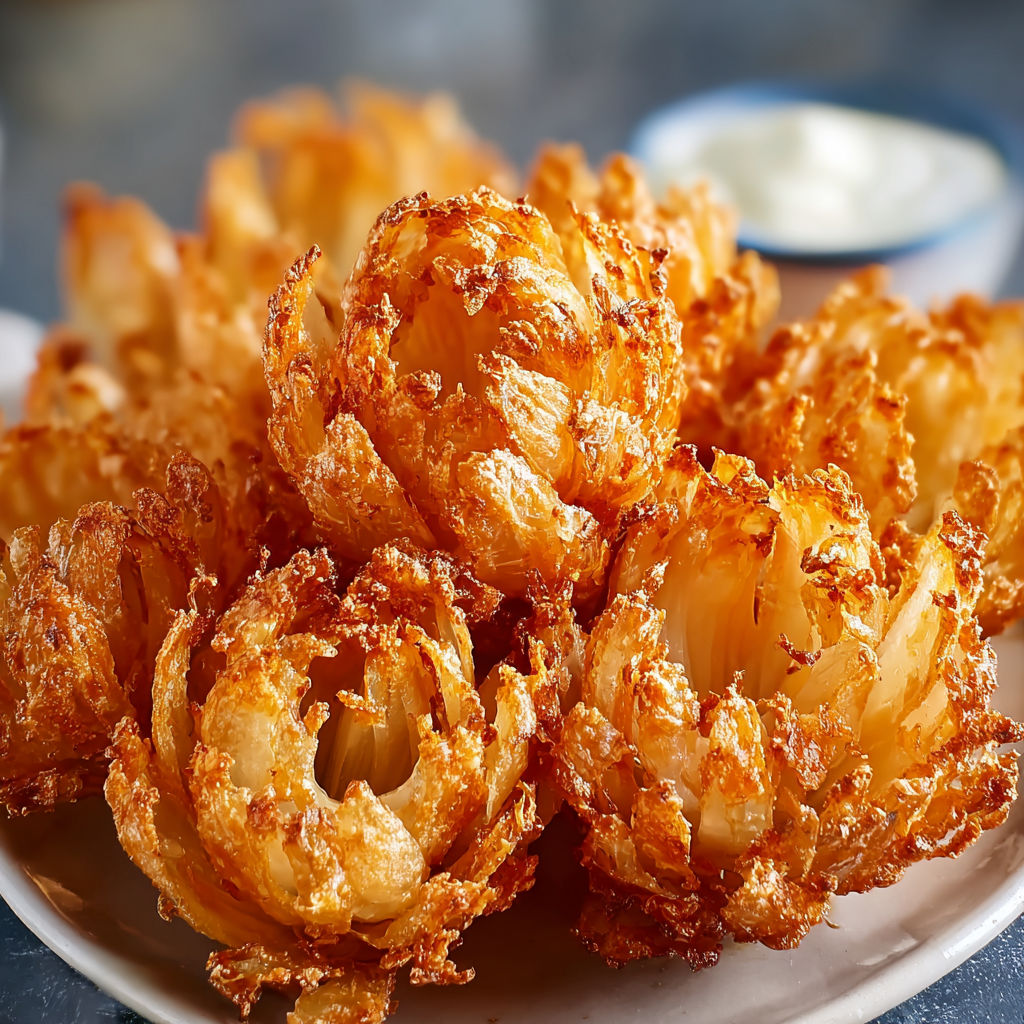 A plate of fried onions with a bowl of dipping sauce nearby.