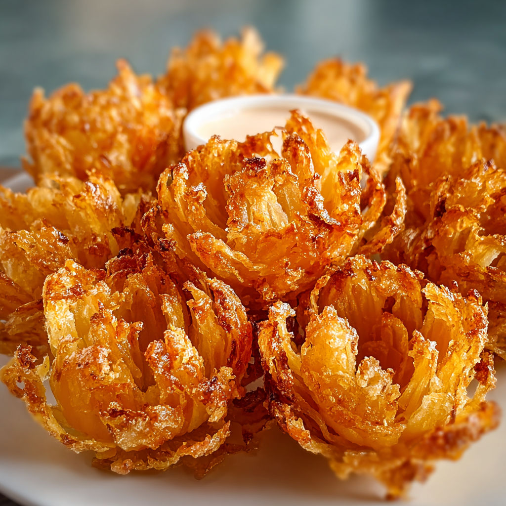 A plate of onion rings with a dipping sauce.
