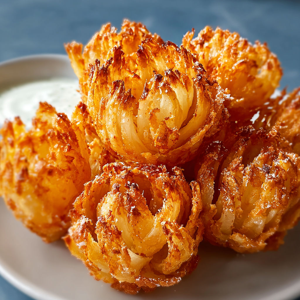 A plate of fried onion rings with a side of dipping sauce.