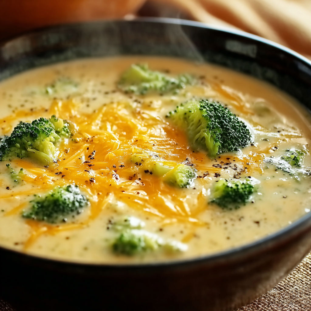 A bowl of soup with broccoli and cheese, likely a crock pot recipe.