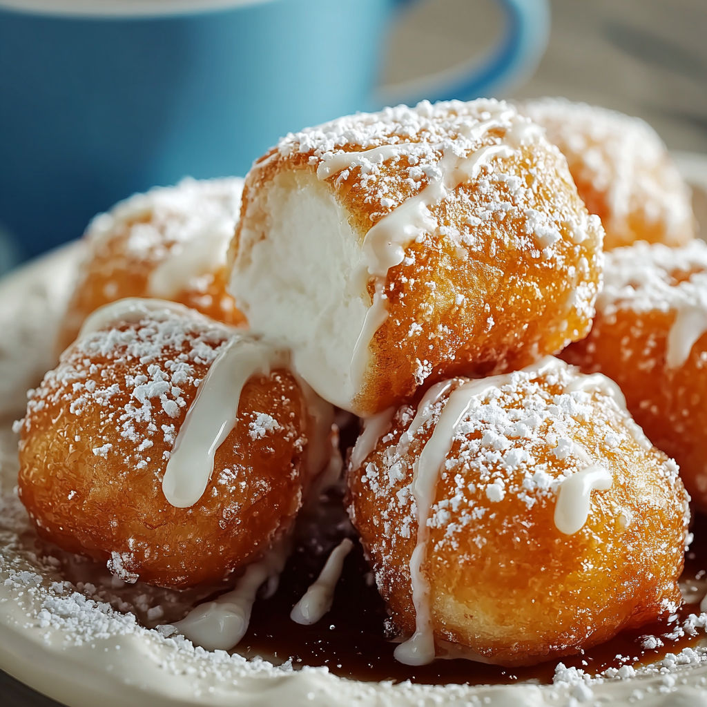 Marshmallow Bliss: A plate of delicious, powdered sugar-covered marshmallows, drizzled with a caramel sauce.
