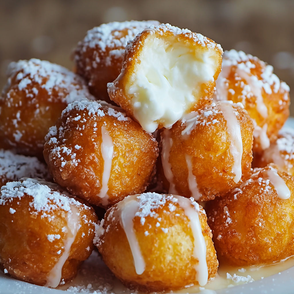 A plate of delicious doughnuts covered in powdered sugar and cream.