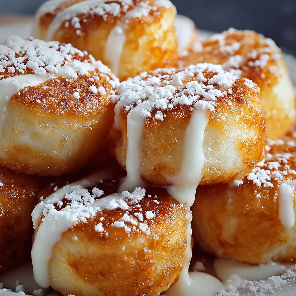 A plate of powdered sugar doughnuts with a white glaze.