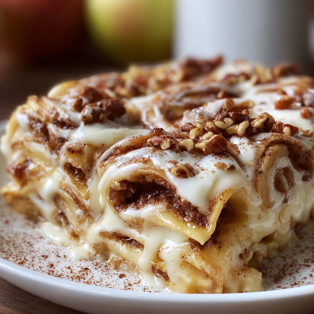 A delicious dessert made with cinnamon rolls, apples, and lasagna noodles.