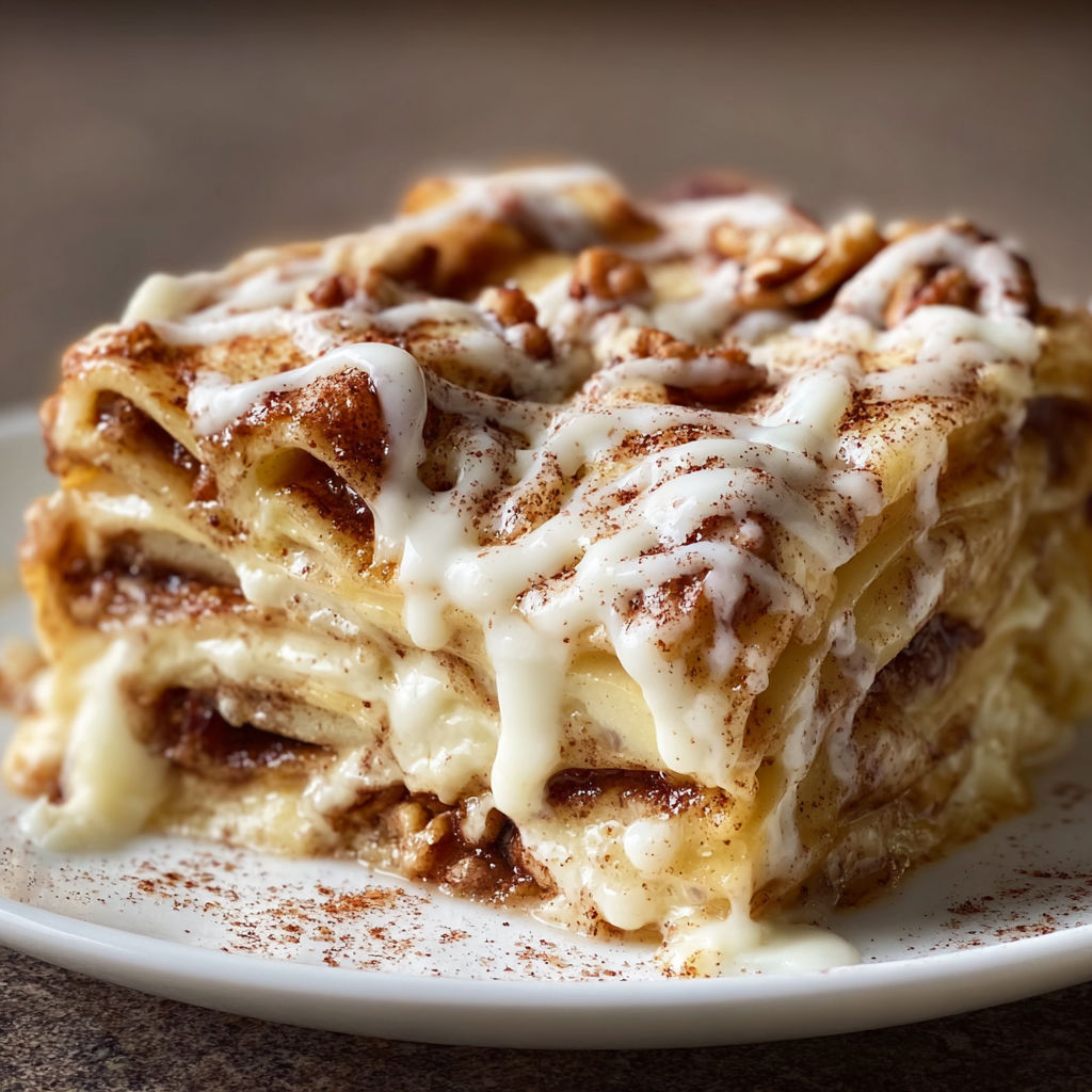 A slice of cinnamon roll with white frosting on a white plate.