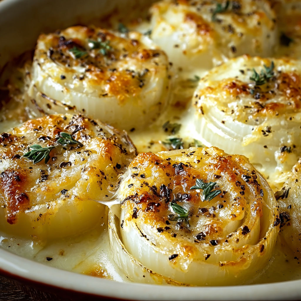A bowl of Asiago Creamy Baked Onions, ready to be served.