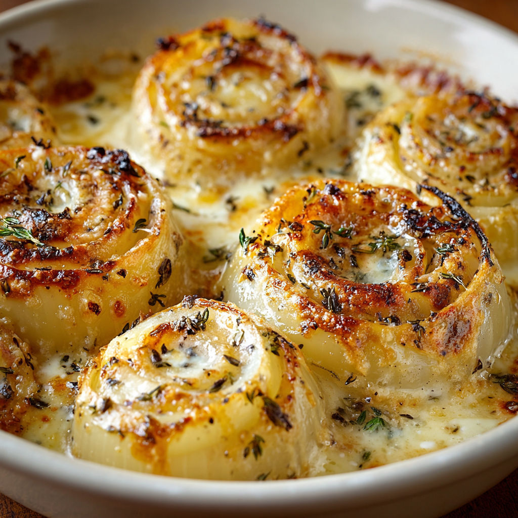 A bowl of food with a variety of vegetables, including onions and garlic, and a cheese sauce.