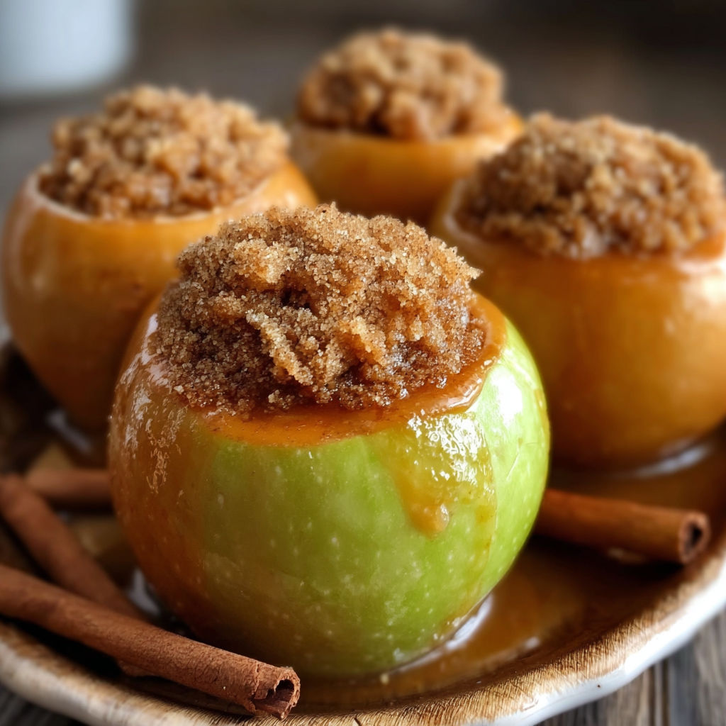 A plate of baked apples with a caramel sauce and cinnamon topping.