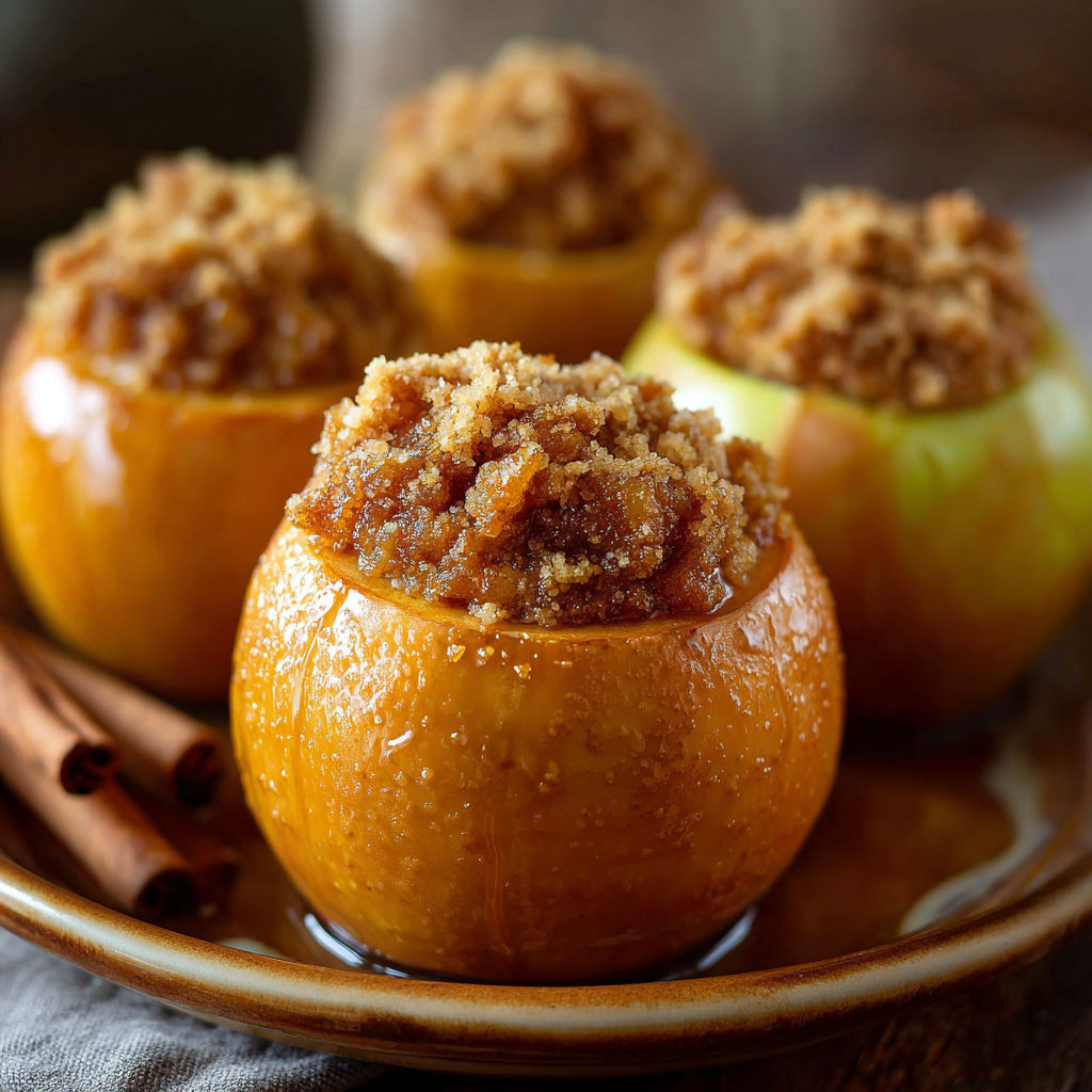 A plate of three apples filled with a sweet topping, possibly a cinnamon and sugar mixture, is displayed on a table.