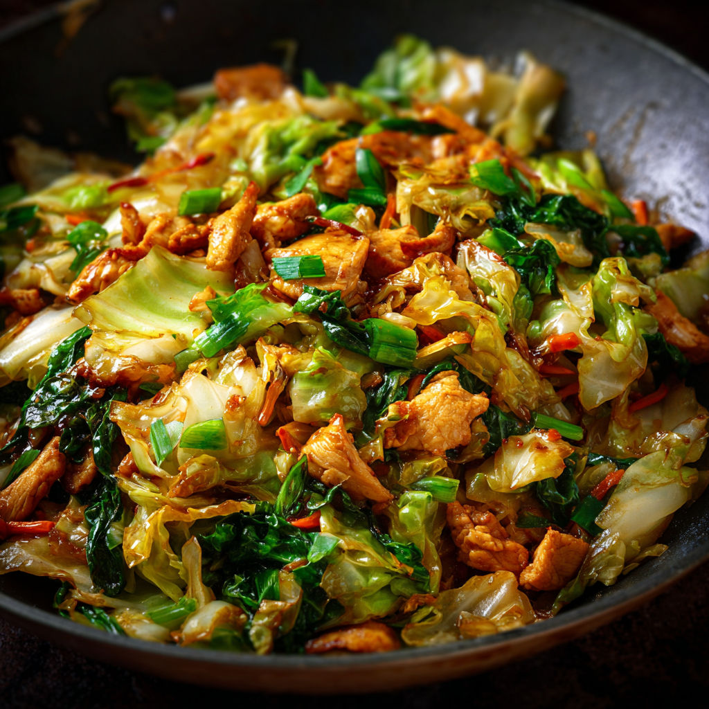 A bowl of stir fry with chicken, broccoli, and red peppers.