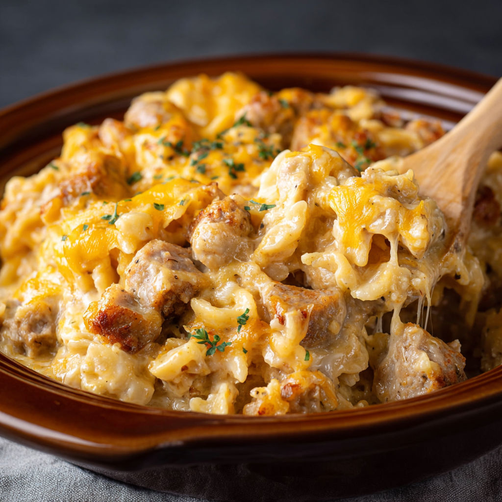 A bowl of macaroni and cheese with meat and herbs.