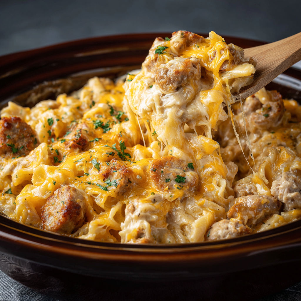 A bowl of pasta with meat and cheese being scooped out with a spoon.