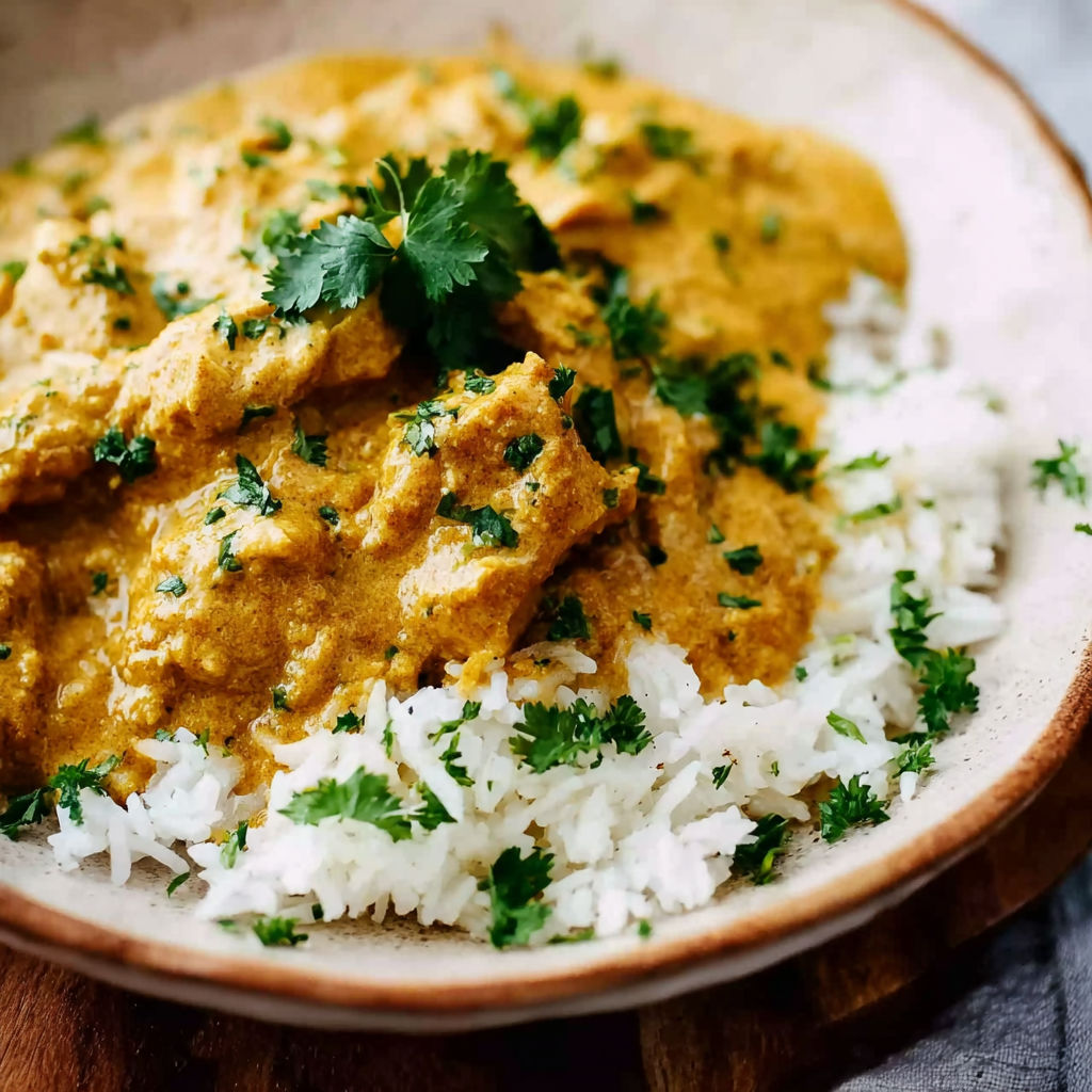 A bowl of Chicken Korma with rice and green garnish.