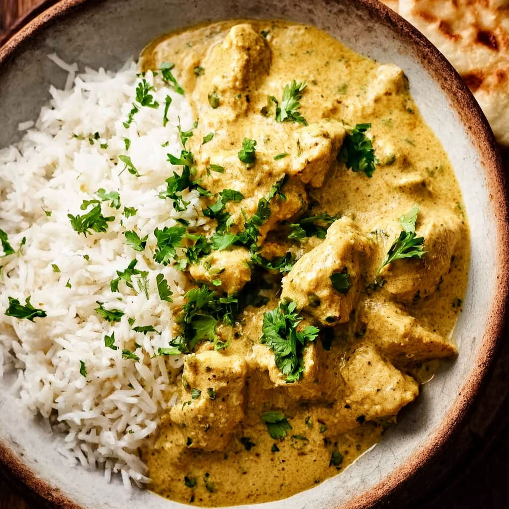 A bowl of chicken korma with rice and green herbs.