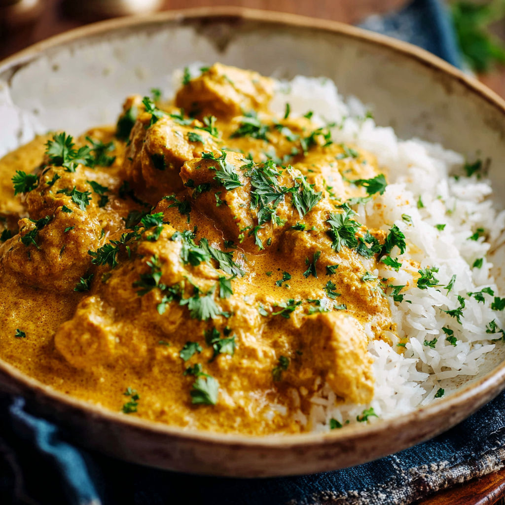 A bowl of Chicken Korma with rice and garnished with green herbs.