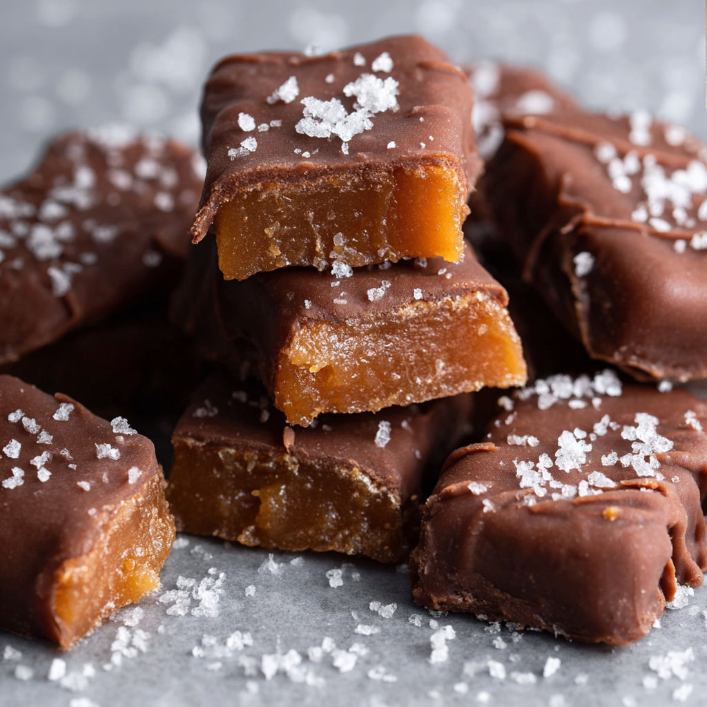 A stack of chocolate candies with a dusting of powdered sugar.