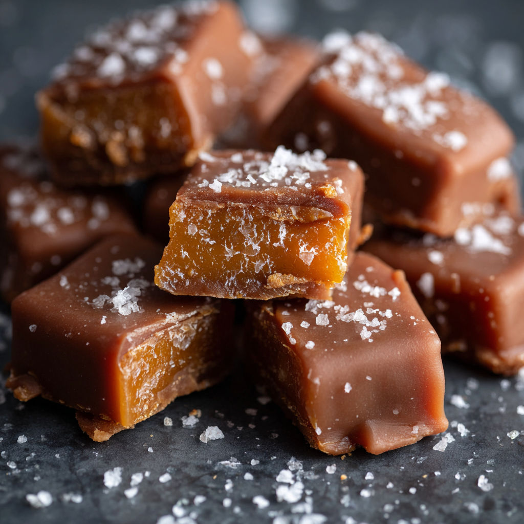 A close up of a delicious dessert made from caramel and brown sugar, with a sprinkling of salt on top.