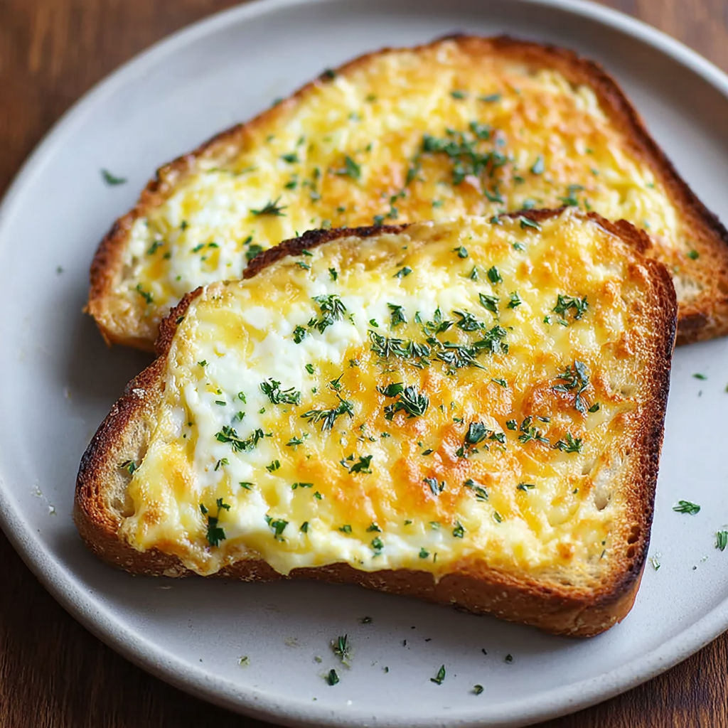 Two pieces of toast with cheese and egg on top, served on a plate.