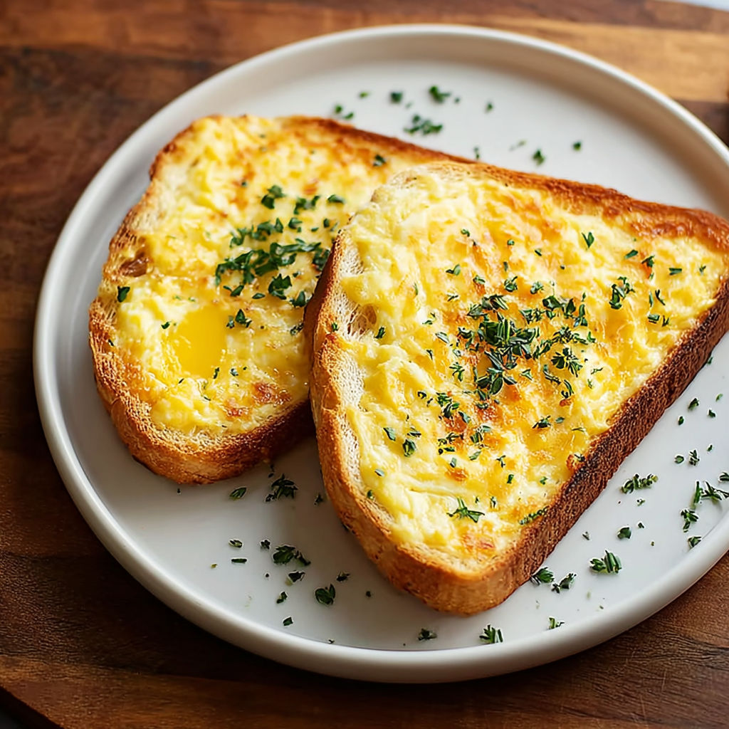 A plate of toast with eggs and herbs on top.