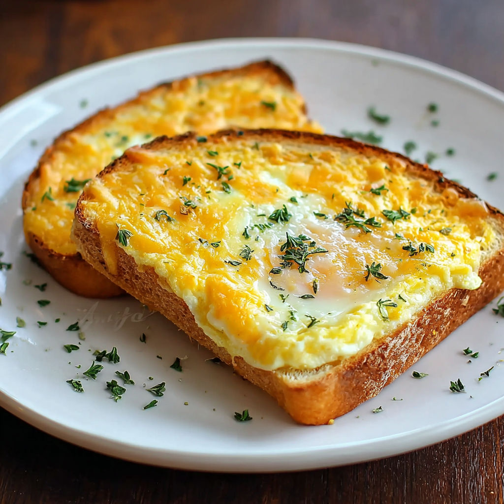 A plate of toast with an egg on top.