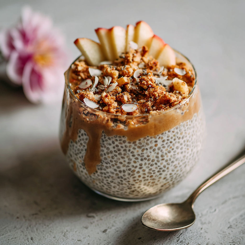 A bowl of yogurt with granola and nuts, topped with an apple slice.