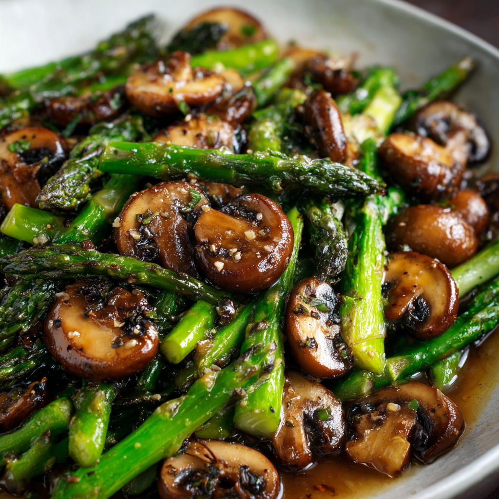 A dish of sautéed asparagus and mushrooms, seasoned with black pepper and garlic, served in a bowl.
