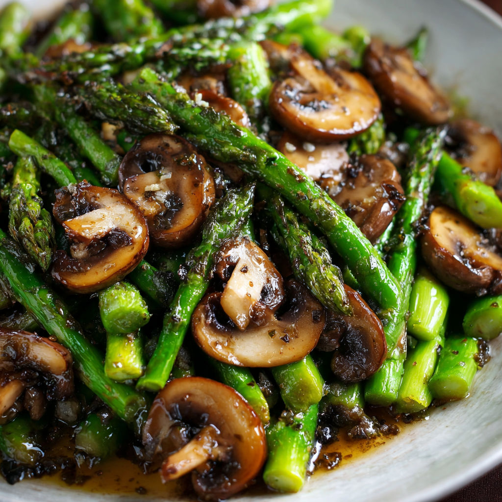 A bowl of mushrooms and asparagus, with a recipe name of "Asparagus and Mushroom Stir Fry.