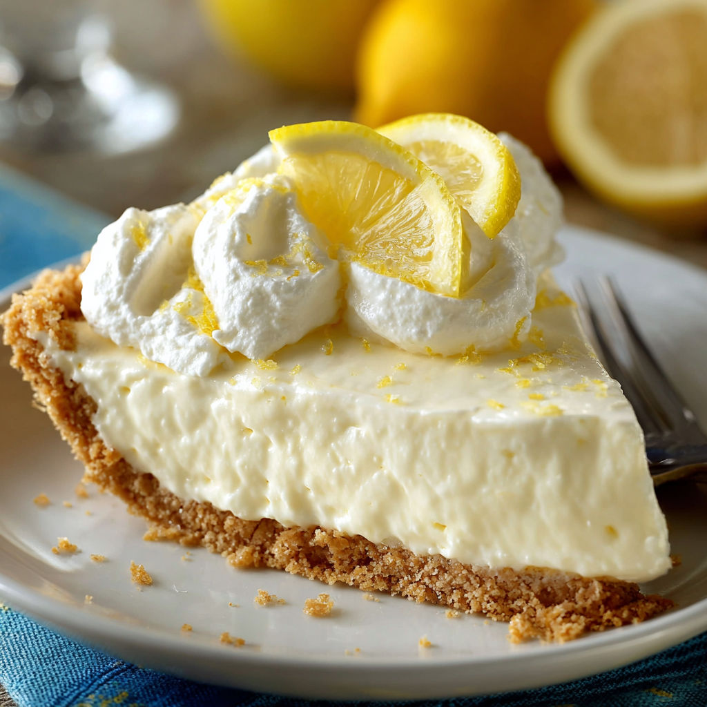 A slice of lemon meringue pie with a fork on a plate.
