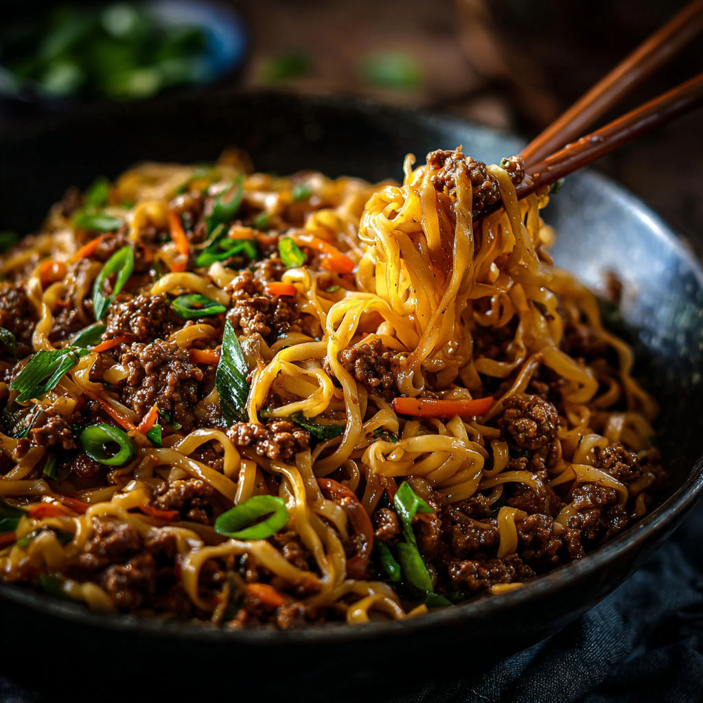 A bowl of noodles with vegetables and meat, including carrots and peppers, is being served in a black bowl.