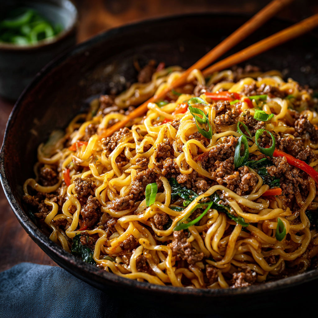 A bowl of noodles with meat and vegetables, including carrots and broccoli, is served in a black bowl.