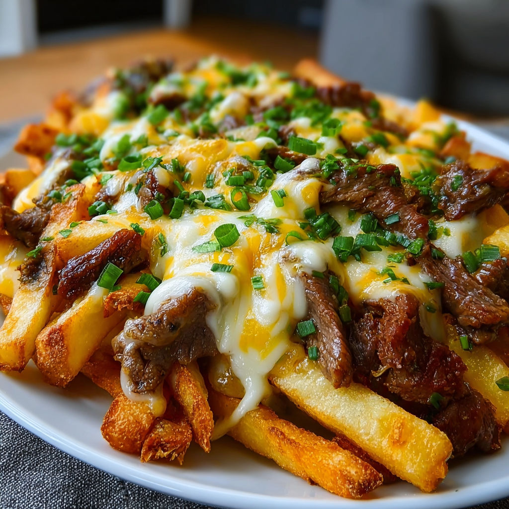 A plate of Philly Steak Cheese Fries, topped with cheese and green onions, is ready to be enjoyed.